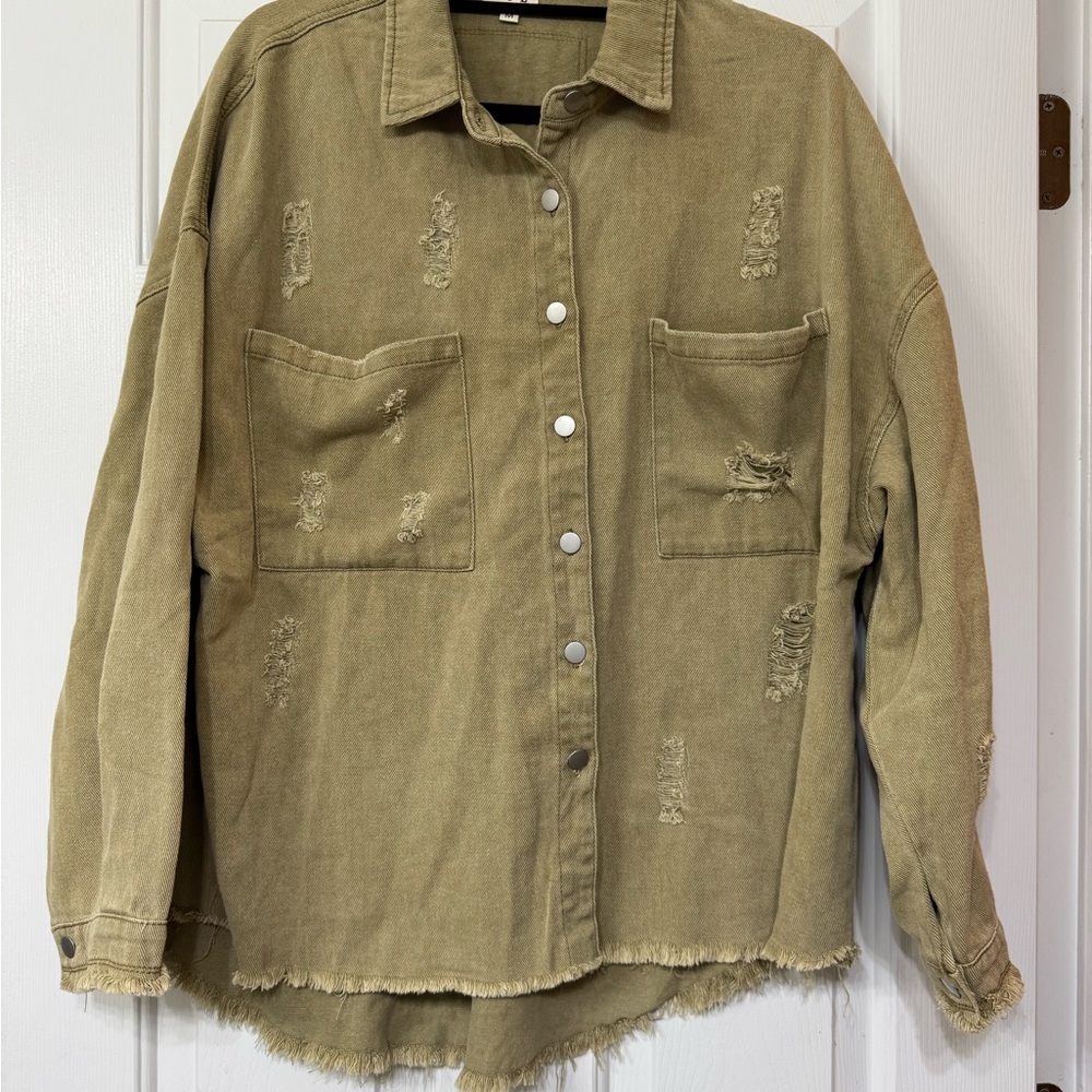 Pol Button Down Raw Hem Distressed Shacket, Nwot - image 3